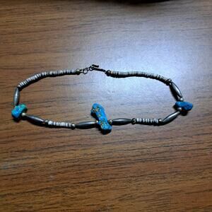 3 Turquoise Nuggets surrounded by Heishi Shell silver metal beads w/ clip clasp